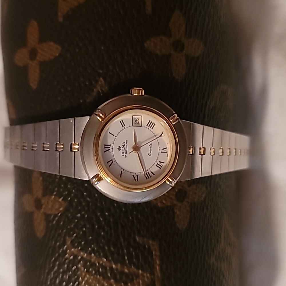Delma Womens Swiss Watch Two Tone Missing Carraige Closure Date Window‎